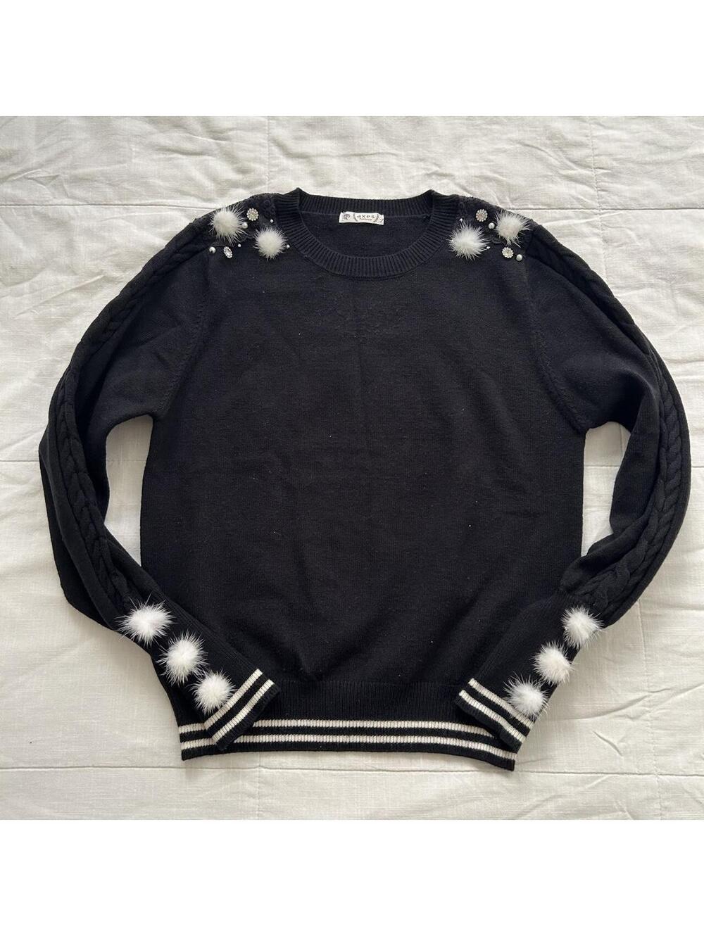 Axes Femme Black Faux Fur Pom Pom Knit Sweater Kawaii Size M Japan
